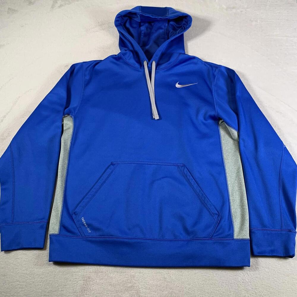 Nike Therma-Fit Hoodie Mens Medium Blue Gray Pullover Sweatshirt Athletic Swoosh